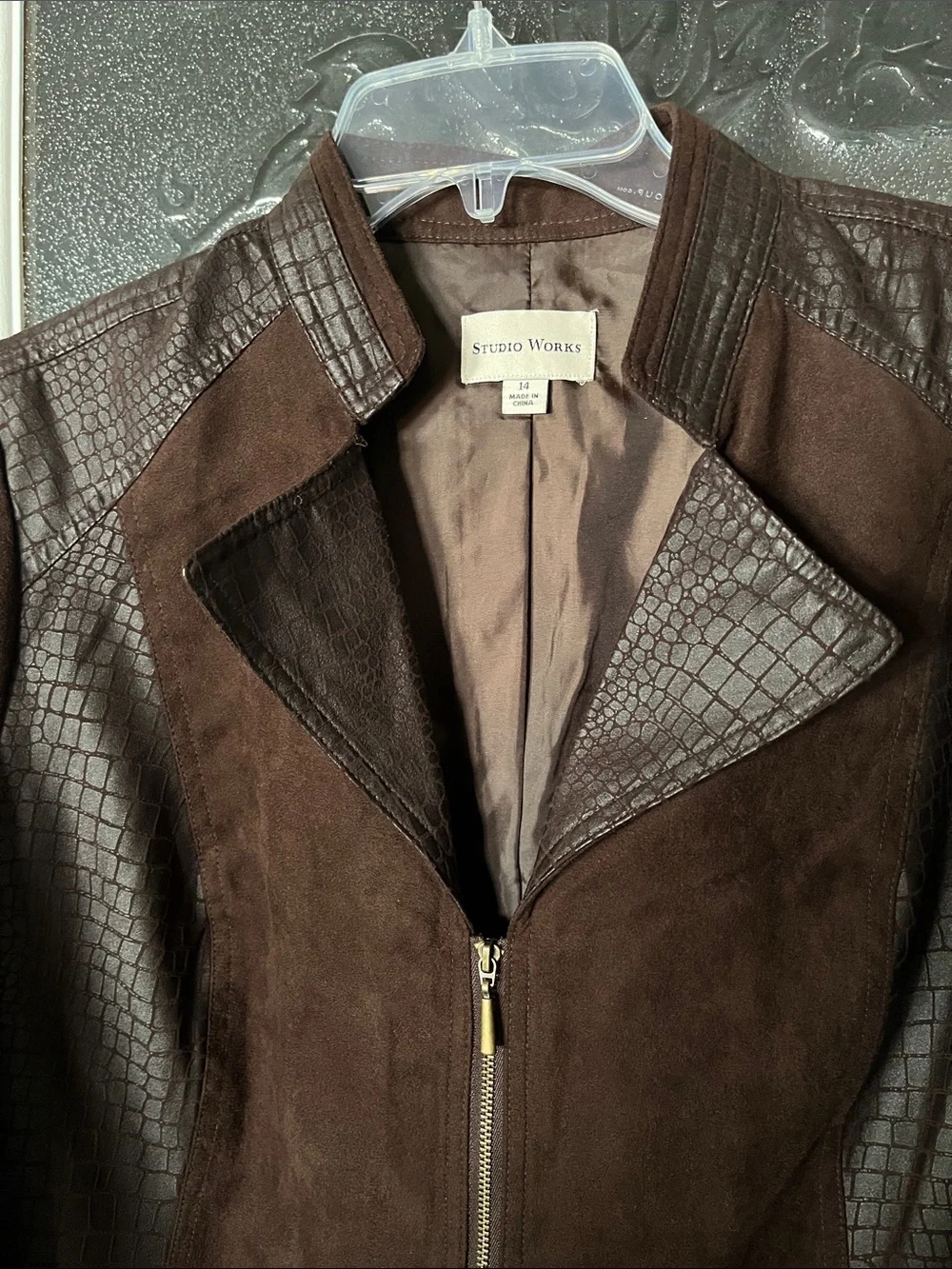 Faux Suede Light Jacket, Chocolate Brown zippered, Studio Works size 14